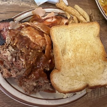 Greg's BBQ - Tope view of my 3 meat sampler plate. - Barbeque Near Me - Belen, New Mexico