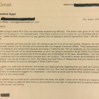 Palazzo Realty - Evidence of my attempt to contact pest control and how Palazzo was violating the law. They ignored this email. - Property Management Near Me - Long Beach, California