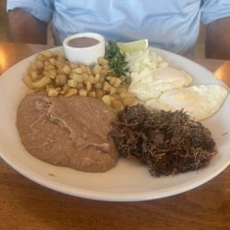 Barbacoa Plate with over medium eggs, refried beans, potatoes. Barbacoa Plate with over medium eggs, refried beans, potatoes.