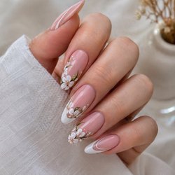 Nails & Beyond - Soft pink base. Crisp white tips. Hand-painted florals in full bloom.   Delicate, romantic, and timeless -- with just enough detail to make