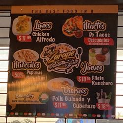 El Zarape Restaurant & Grill - Their daily specials menu. Their pupusas are 50% off on Wednesday (revueltas and bean & cheese only)
