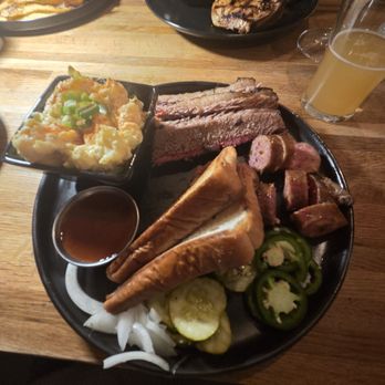 Penn To Paper - 2 meat plate. Brisket, smoked Jalapeño cheddar sausage and potato salad - Barbeque Near Me - Midlothian, Texas