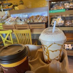 Iced caramel macchiato and a caramel nut latte