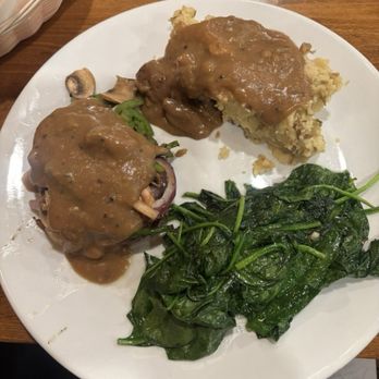 Trail Boss - Chopped steak, sautéed spinach and mashed potatoes with homemade brown gravy - Steakhouses Near Me - Kerrville, Texas Trail Boss - Chopped steak, sautéed spinach and mashed potatoes with homemade brown gravy - Steakhouses Near Me - Kerrville, Texas