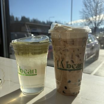 LA bean - Young coconut matcha and milk tea (with sea salt foam, grass jelly and boba) - Vietnamese Near Me - Bellevue, Washington