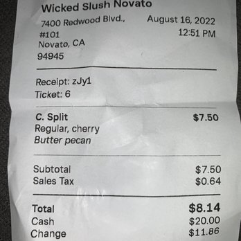 Wicked Slush Novato - $8.14 may seem like a lot, but my regular sized cherry slush & butter pecan soft serve Split was a lot of ice cream for one person - Ice Cream & Frozen Yogurt Near Me - Novato, California