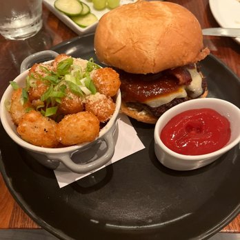 White and Wood - Ultimate Bacon Cheeseburger (filet/ribeye mix); tater tots - Wine Bars Near Me - Greensboro, North Carolina