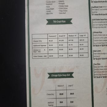 Dwight Pizza - Menu 3-5-2025 - The menu displays sections for pizza toppings, thin crust pizza prices, and Chicago-style deep dish prices. Toppings include sausage, pepperoni, bacon, and more. Thin crust pizza prices range from $6.25 to $20, with options for cheese only, additional toppings, chicken or beef, and extra cheese. Chicago-style deep dish prices are listed as $13.00 for medium and $18.00 for large, with additional toppings and meat options. The menu is printed on white paper with green headers and black text. - Pizza Near Me - Dwight, Illinois