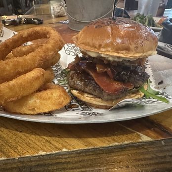 Ford's Garage - Side Onion Rings & burbon bacon burger - Burgers Near Me - Brandon, Florida Ford's Garage - Side Onion Rings & burbon bacon burger - Burgers Near Me - Brandon, Florida