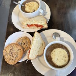 OMW Uptown Market - Turkey pesto sandwich, French Onion soup, Heath cookie and Cherry Chocolate cookie.