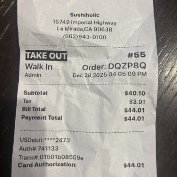 Sushiholic - Receipt - Sushi Bars Near Me - La Mirada, California