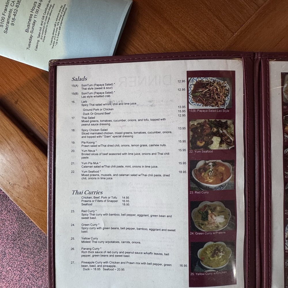 Siam Restaurant - Menu as of 12/2025 - Thai Near Me - Sacramento, California