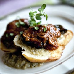 Vieux Chalet Swiss Restaurant - Roast Pepper and Beef Crostini with Aubergine Salsa