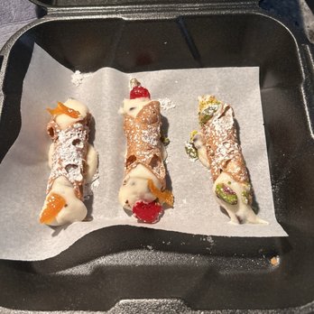 No 28 - Cannoli assortment left candied orange   middle chocolate chip and cherry   right was pistachio - Italian Near Me - Bastrop, Texas