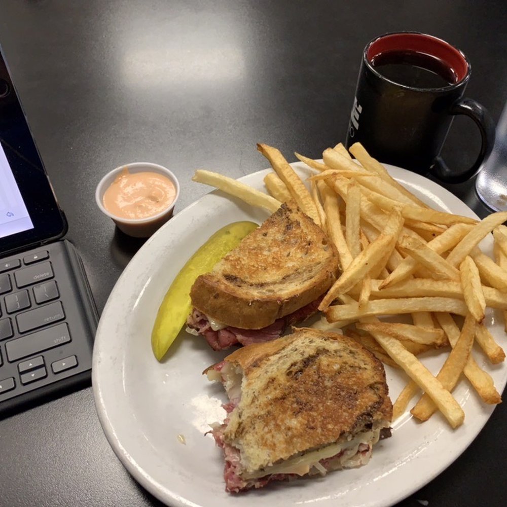 Ruben with house prepared fries, fry sauce, and black coffee. Ruben with house prepared fries, fry sauce, and black coffee.