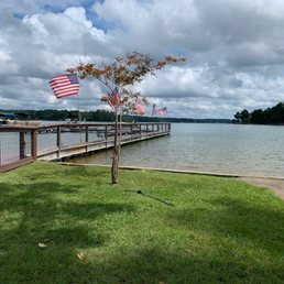 a dock with american flags