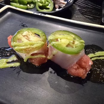 Sushi Loco - Spicy tuna wrapped with yellowtail and topped with jalapeno - Sushi Bars Near Me - Corona, California Sushi Loco - Spicy tuna wrapped with yellowtail and topped with jalapeno - Sushi Bars Near Me - Corona, California