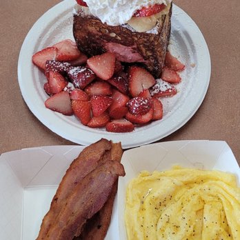 Button Up Cafe - My full spread: 4 Slices of Bacon, Scrambled Eggs and Stuffed Cheesecake French Toast - Breakfast & Brunch Near Me - Pearl City, Hawaii Button Up Cafe - My full spread: 4 Slices of Bacon, Scrambled Eggs and Stuffed Cheesecake French Toast - Breakfast & Brunch Near Me - Pearl City, Hawaii