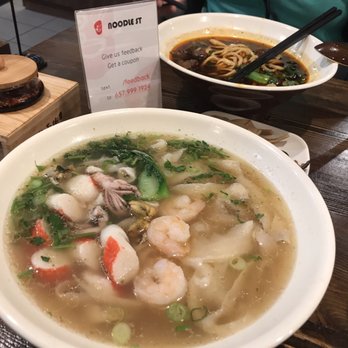 Noodle St - Seafood soup with knife shredded noodles & spicy beef noddle soup in the back - Noodles Near Me - Fullerton, California Noodle St - Seafood soup with knife shredded noodles & spicy beef noddle soup in the back - Noodles Near Me - Fullerton, California