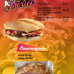 El Sabor De Mexico Taqueria Food Truck - Menu 2 Tortas (sandwiches): Steak, Al Pastor, Chicken, Carnitas, Tripe, Tongue, Cubana Sincronizada (ham quesadilla)