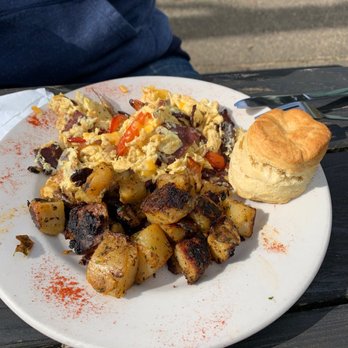 New Deal Cafe - Scramble with bacon, potatoes and biscuit - Breakfast & Brunch Near Me - Portland, Oregon New Deal Cafe - Scramble with bacon, potatoes and biscuit - Breakfast & Brunch Near Me - Portland, Oregon
