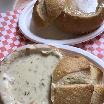 Pike Place Chowder - New England Chowder and Clam and Oyster chowder behind. Both delicious! One size bread bowl. - Seafood Near Me - Seattle, Washington Pike Place Chowder - New England Chowder and Clam and Oyster chowder behind. Both delicious! One size bread bowl. - Seafood Near Me - Seattle, Washington