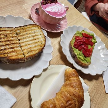 Cafe Vista - Rose tea latte, avocado toast, plain croissant, and grilled sandwich - Cafes Near Me - Hoboken, New Jersey