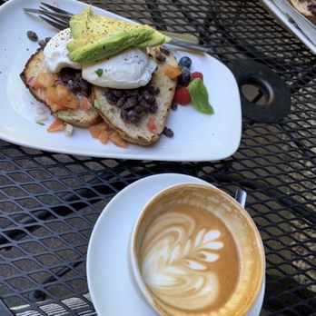 Pachamama Coffee - Latte and I believe this was the avocado toast (when they used to serve breakfast). Beautiful presentation, don't mind my half-enjoyed latte - Cafes Near Me - Placerville, California