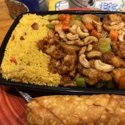 China House - Cashew chicken with rice and an eggroll