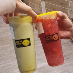 mango matcha with pudding and strawberry green tea with lychee jelly