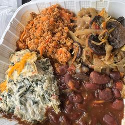 Soy protein picadillo, cabbage with mushrooms, spinach with tofu pastellon, and red beans