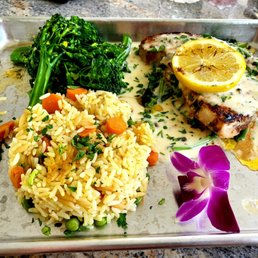 Swordfish steak with brocollini and rice pilaf