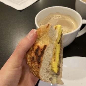 Courtyard Cafe On Main LLC - Sausage, egg, and cheese sandwich on an Asiago bagel - Cafes Near Me - Denver, Pennsylvania