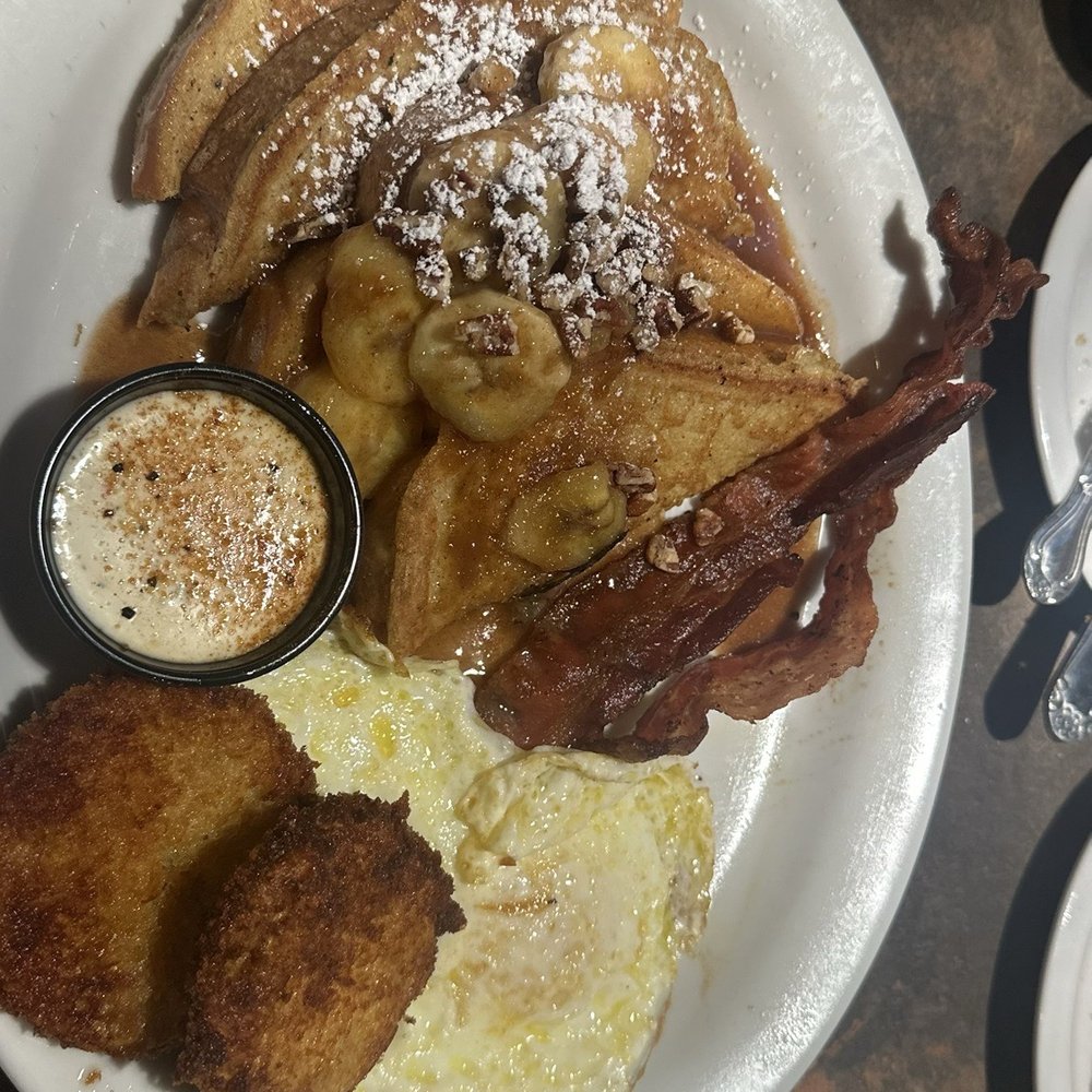 Huckleberry's - Banana Foster French Toast sampler with 2Fried Green Tomatoes - Breakfast & Brunch Near Me - Arlington, Texas Huckleberry's - Banana Foster French Toast sampler with 2Fried Green Tomatoes - Breakfast & Brunch Near Me - Arlington, Texas