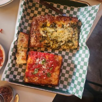 Quarter Sheets - red top, Sicilian corner, and a slice of the garlic bread from meatballs - Pizza Near Me - Los Angeles, California