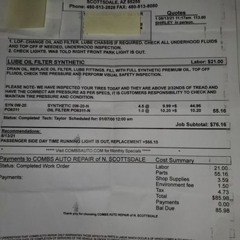 Camelback Toyota - Combs Auto Repair oil change receipt - Car Dealers Near Me - Phoenix, Arizona