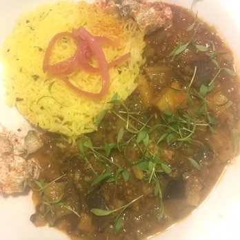 Sprig & Vine - Eggplant and lentil with basmati rice. Was a bit bland coming from a person who makes Indian food but still very good. - Vegan Near Me - New Hope, Pennsylvania Sprig & Vine - Eggplant and lentil with basmati rice. Was a bit bland coming from a person who makes Indian food but still very good. - Vegan Near Me - New Hope, Pennsylvania