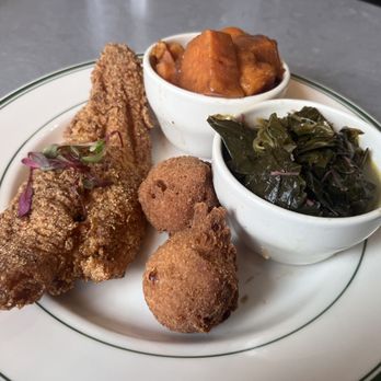 Fixins - Fried Fish, greens, yams, cornbread hush puppies. - Soul Food Near Me - Detroit, Michigan Fixins - Fried Fish, greens, yams, cornbread hush puppies. - Soul Food Near Me - Detroit, Michigan