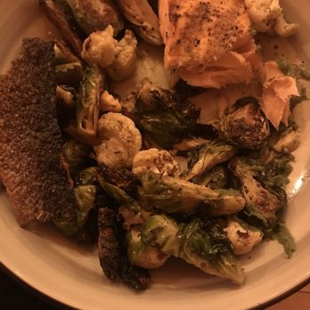 Iron Duck Restaurant - Grilled Salmon with a Tarragon salsa Verdi sauce and a Brussel sprout and cauliflower hash. - American Near Me - Green Bay, Wisconsin Iron Duck Restaurant - Grilled Salmon with a Tarragon salsa Verdi sauce and a Brussel sprout and cauliflower hash. - American Near Me - Green Bay, Wisconsin