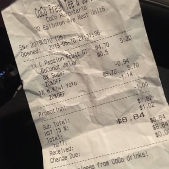 CoCo Fresh Tea & Juice - Picture of the receipt bc I threw out the drink as soon as I tasted it. - Juice Bars & Smoothies Near Me - Mississauga, Ontario CoCo Fresh Tea & Juice - Picture of the receipt bc I threw out the drink as soon as I tasted it. - Juice Bars & Smoothies Near Me - Mississauga, Ontario