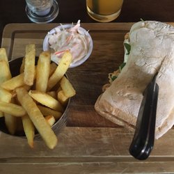 Havana Bank Square - Absolutely incredible cold chicken on homemade ciabatta, stick fries, and coleslaw, plus peach/Irish breakfast tea drink!