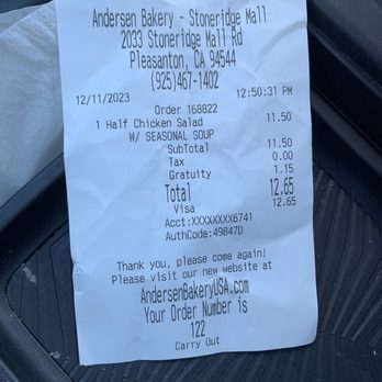 Andersen Bakery - Today's Receipt- Don't get the Farmer's Chicken Salad! - Bakeries Near Me - Pleasanton, California Andersen Bakery - Today's Receipt- Don't get the Farmer's Chicken Salad! - Bakeries Near Me - Pleasanton, California