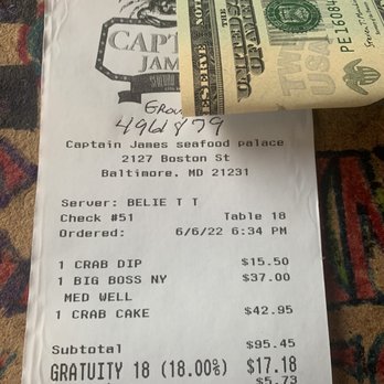 Captain James Landing - Receipt and server - Seafood Near Me - Baltimore, Maryland Captain James Landing - Receipt and server - Seafood Near Me - Baltimore, Maryland