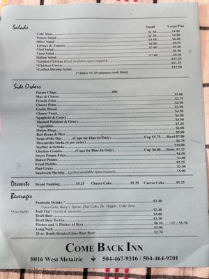Menu photo 2 Come Back Inn Metairie, LA Menu photo 2 Come Back Inn Metairie, LA