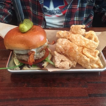 1608 Crafthouse - Pork Burger Special with Andouille, Bacon and a mustard aioli and a side of pork rinds - Gastropubs Near Me - Virginia Beach, Virginia 1608 Crafthouse - Pork Burger Special with Andouille, Bacon and a mustard aioli and a side of pork rinds - Gastropubs Near Me - Virginia Beach, Virginia