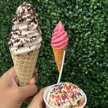 Scoop N Fruit - Soft serve cone and in a cup with vanilla + strawberries and mango added! - Ice Cream & Frozen Yogurt Near Me - Glen Cove, New York