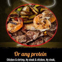 El Fuego Picante - Ny steak & shrimp: Cooked fajita veggies, rice. Special sauce, fuego sauce.