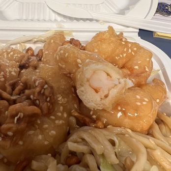 Asia Express - Honey Sesame Prawns (8pcs) & Rice (sub chow Mein) - You can see how thick the batter is...but no black vein! - Chinese Near Me - Newark, California Asia Express - Honey Sesame Prawns (8pcs) & Rice (sub chow Mein) - You can see how thick the batter is...but no black vein! - Chinese Near Me - Newark, California