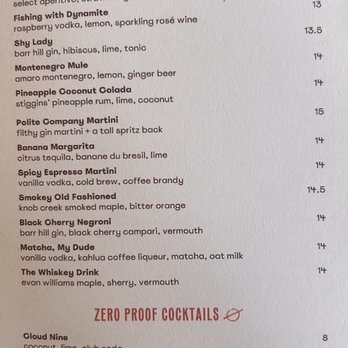 Shy Bird - Cocktail menu - Diners Near Me - Boston, Massachusetts