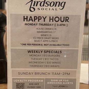 Birdsong Social - Happy hour menu - New American Near Me - Spring Hill, Tennessee Birdsong Social - Happy hour menu - New American Near Me - Spring Hill, Tennessee